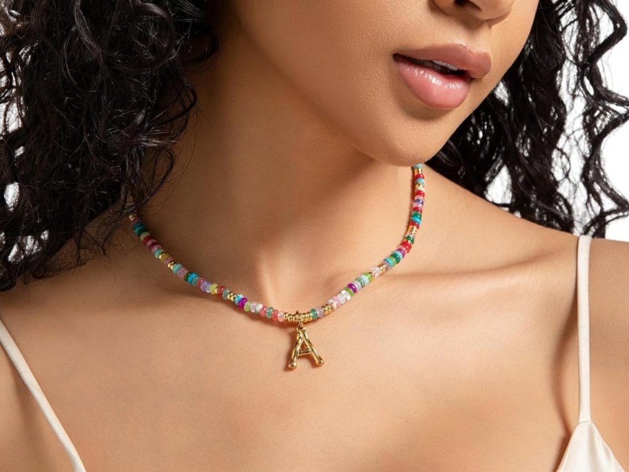 multi colored crystal beaded necklace with inital