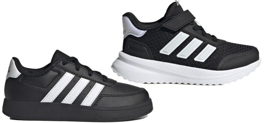 two black and white adidas sneakers