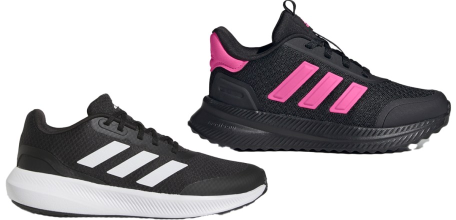 black/white and black/pink adidas shoes