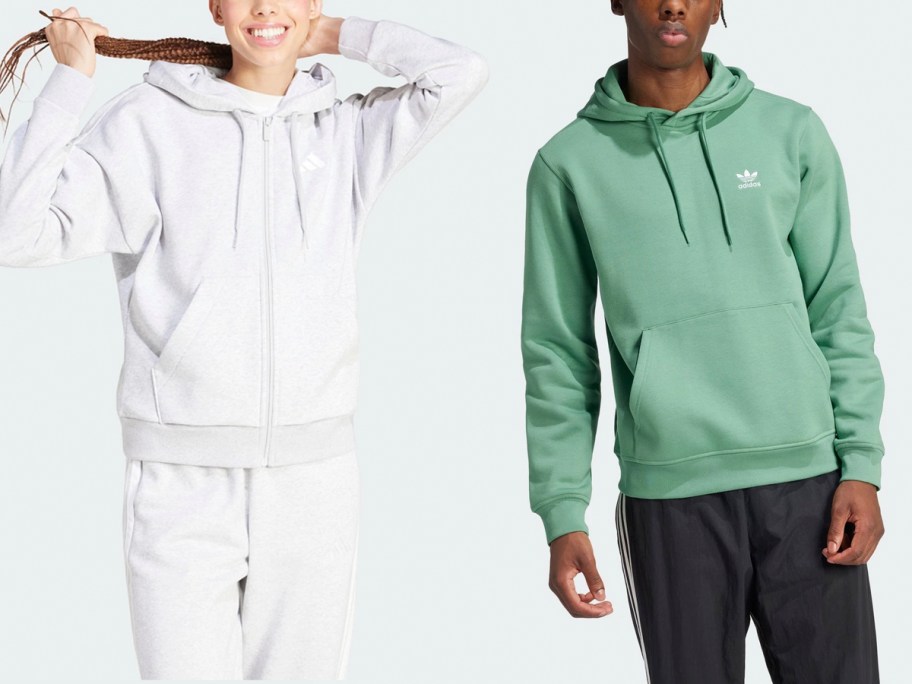 woman in gray and man in green adidas hoodies 