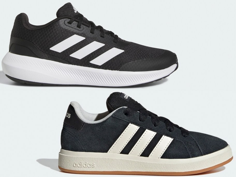 two pairs of black and white adidas shoes 