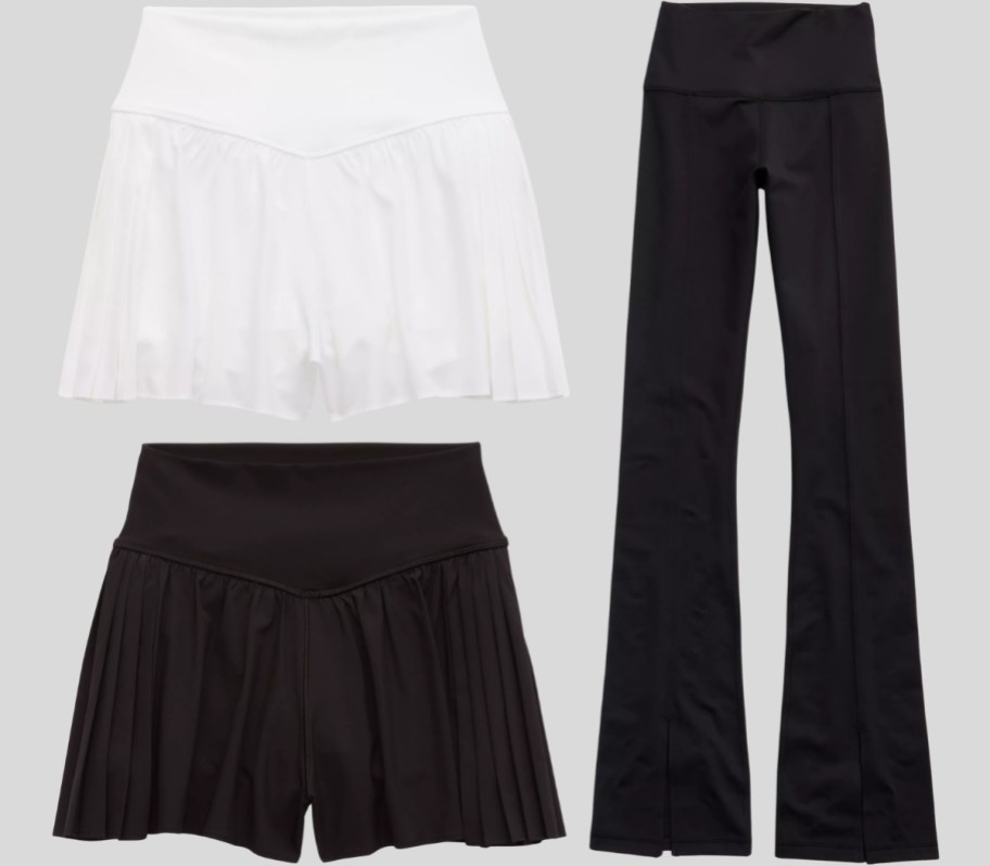 two pair of pleated shorts and a pair of flare pants