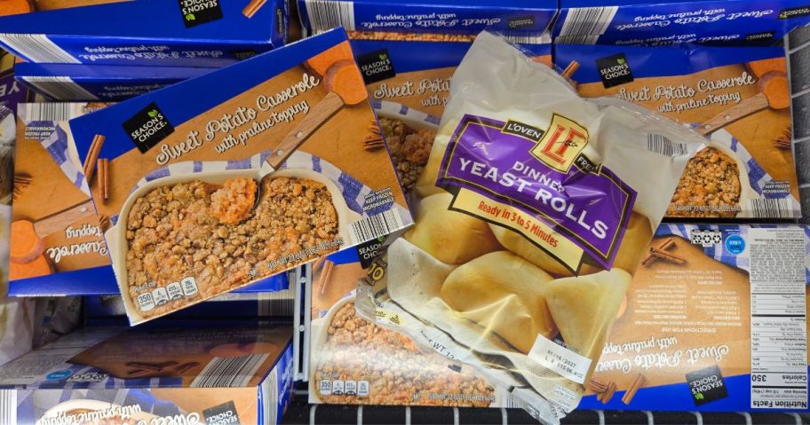 Season's Choice Sweet Potato Casserole w/ Praline Topping and L'Oven Fresh Dinner Yeast Rolls in freezer