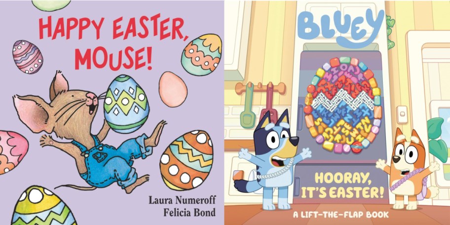 Two Easter-themed children's book covers. Left: "Happy Easter, Mouse!" features a joyful mouse with colorful Easter eggs. Right: "Bluey: Hooray, It's Easter!" shows excited cartoon dogs by a decorated egg display.