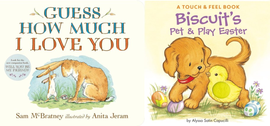 "Guess How Much I Love You" cover shows a rabbit and bunny touching noses against a blue-green background. "Biscuit's Pet & Play Easter" cover features a cheerful puppy with a yellow chick, surrounded by Easter eggs and flowers. 