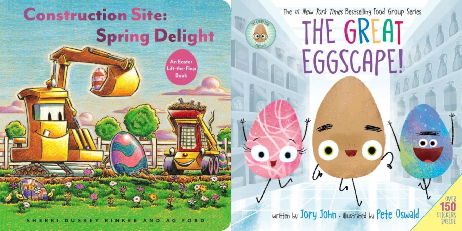 Two children's book covers: Left, "Construction Site: Spring Delight" depicts a cheerful digger with Easter eggs. Right, "The Great Eggscape!" shows three animated eggs with playful expressions.