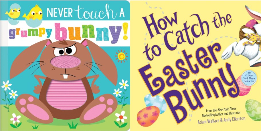 Two colorful children's book covers: "Never Touch a Grumpy Bunny!" features a cartoon bunny looking grumpy. "How to Catch the Easter Bunny" shows playful fonts and colorful eggs.