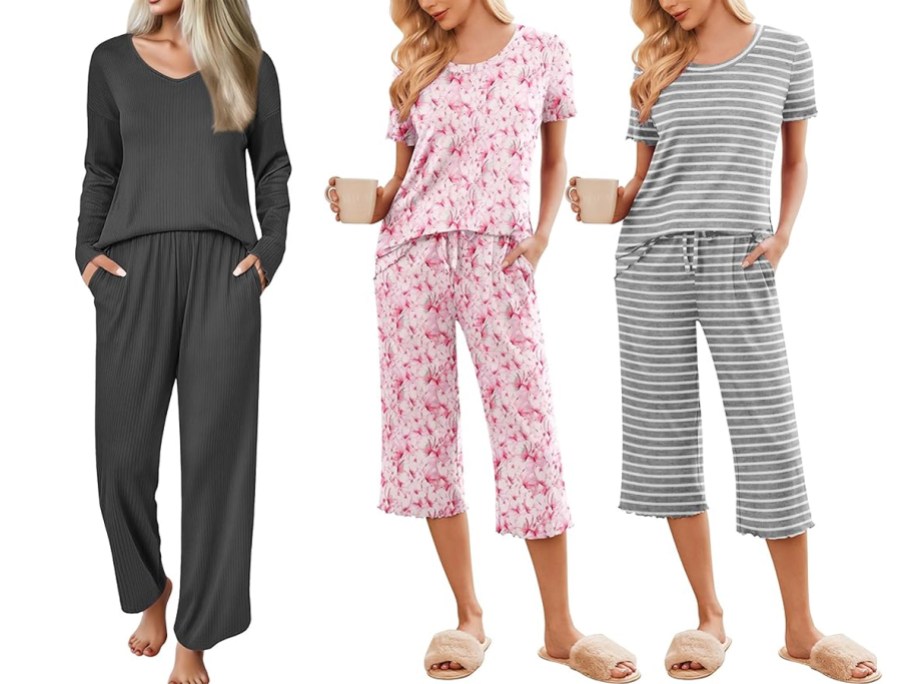 women wearing gray and pink lounge sets