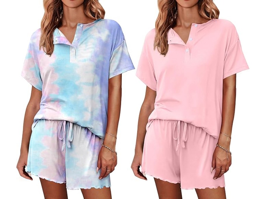 women wearing purple and pink pajama sets 