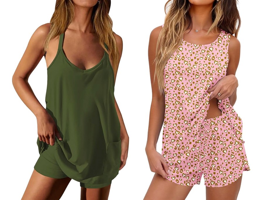 women wearing green and pink outfits 