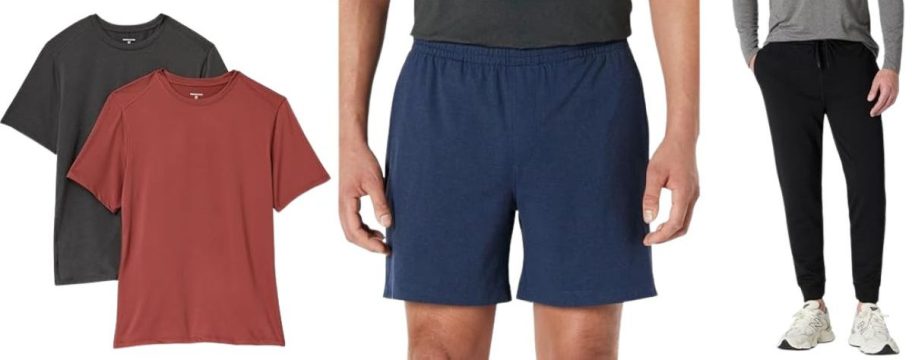 an amazon essentials shirt 2 pack and two men wearing amazon essentials clothing