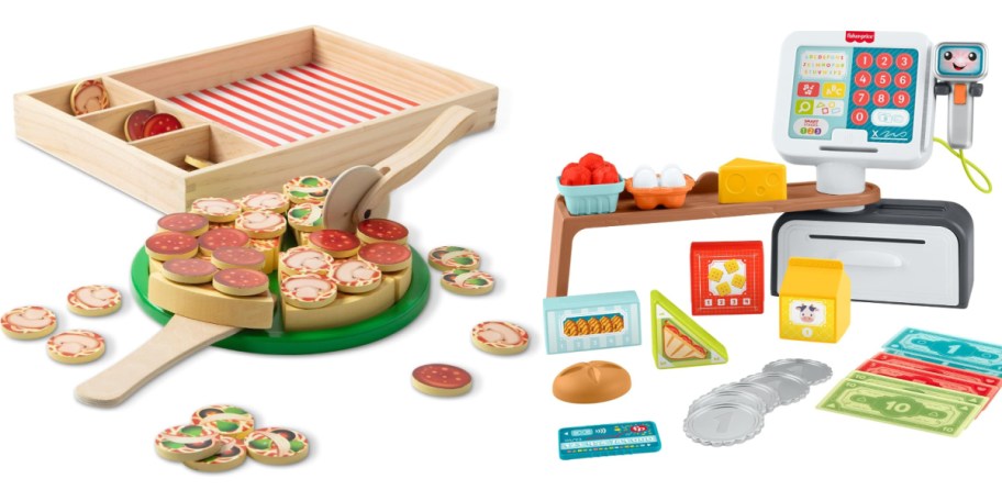 wooden pizza playset and cashier playset
