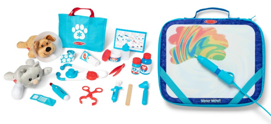 vet playset and accessories next to reusable water coloring pad