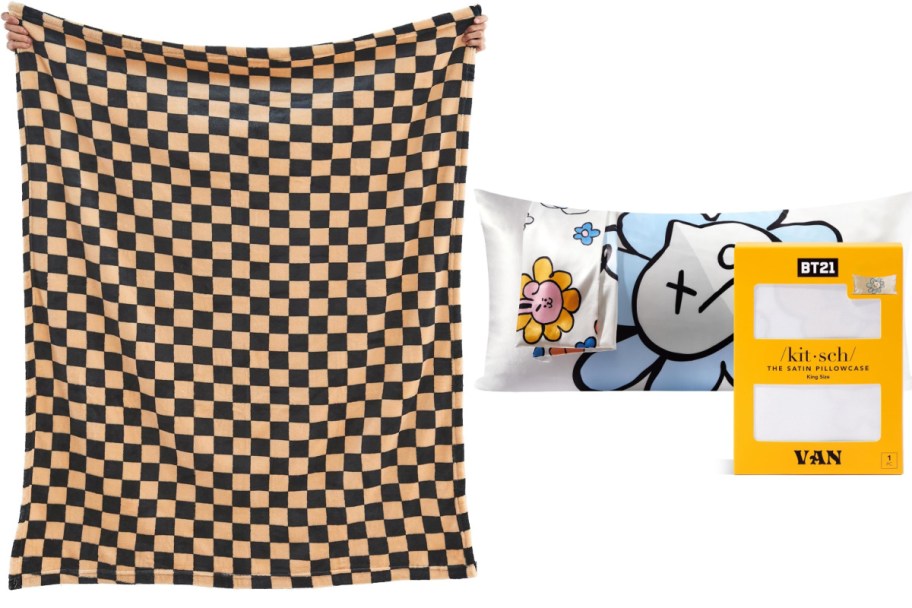 black and tan checkered blanket and satin pillowcase