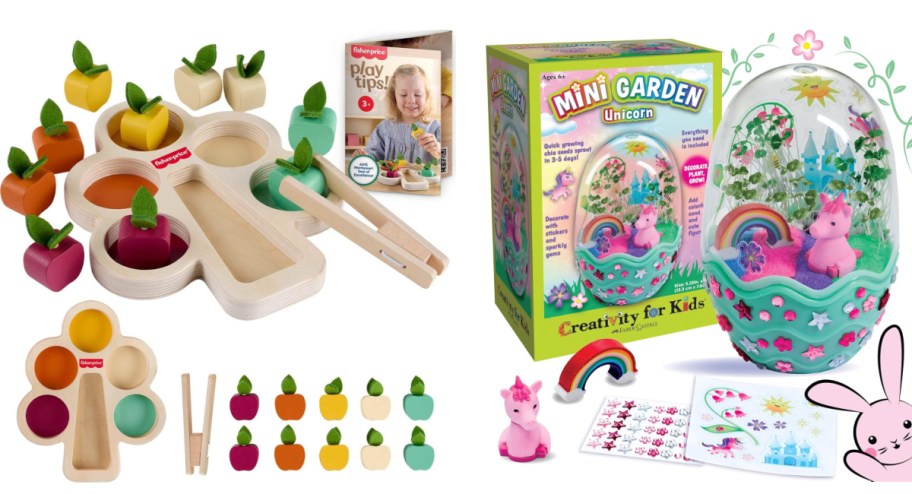 wooden tree toy and unicorn garden
