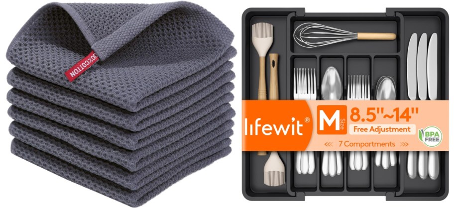stack of grey dish cloths and drawer organizer with silverware