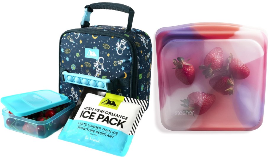 blue lunchbox combo and pink bag with strawberries in it