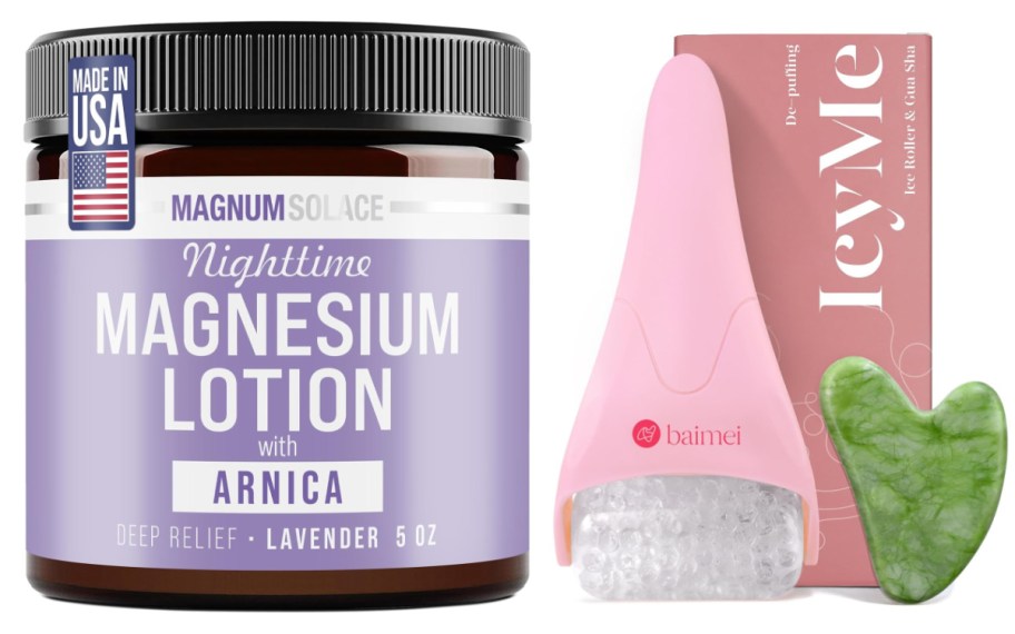 magnesium lotion jar and pink ice roller