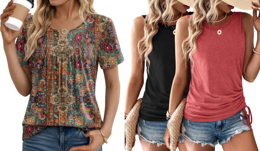 women in floral shirt and black and pink tank tops