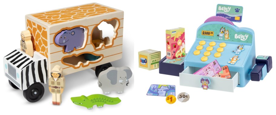 wooden truck with animal shapes and bluey cash register