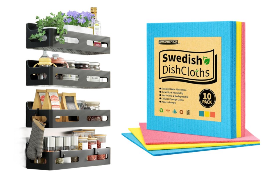 four metal spice racks and colorful dish cloths