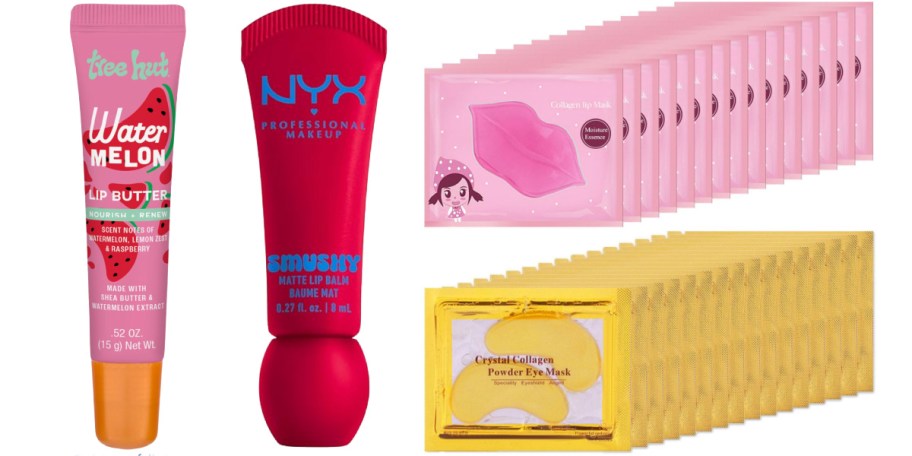 two pink lip tubes and pink lip masks with gold eye masks