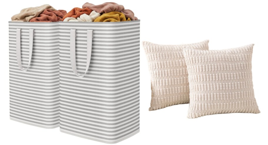 two stripe laundry baskets and two tan pillows