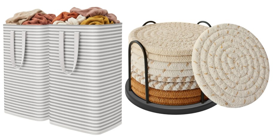 two striped laundry baskets and stack of woven coasters