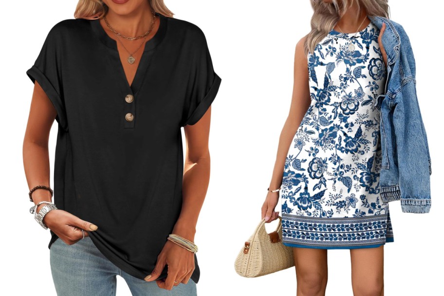 women in black henley and blue and white floral dress
