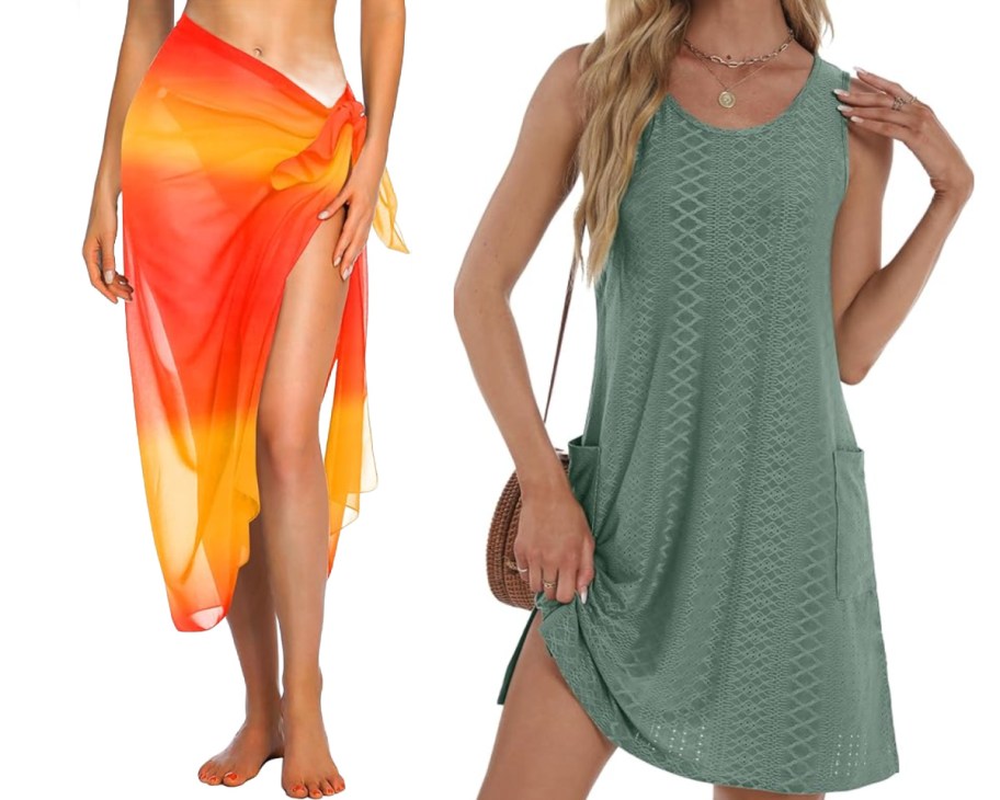 women in green dress and orange cover up
