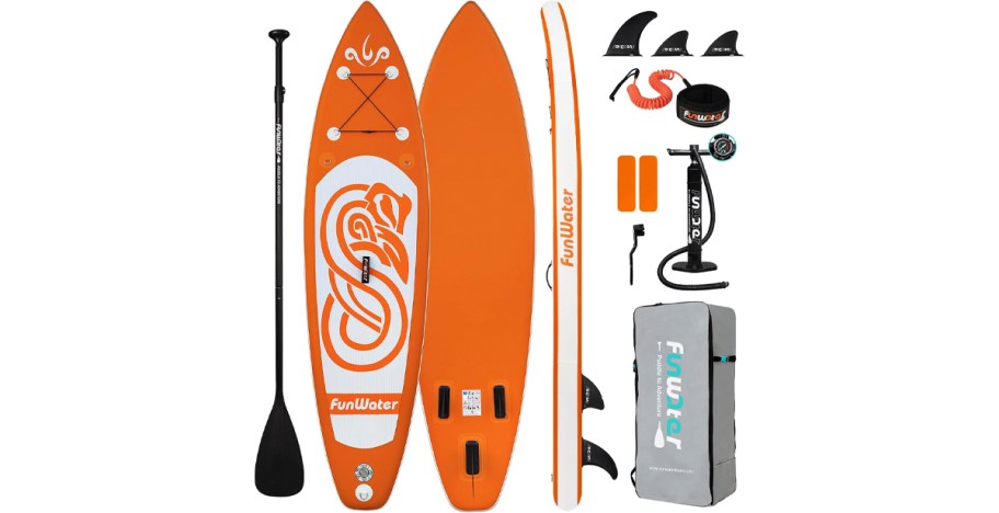 orange and white paddle board with accessories