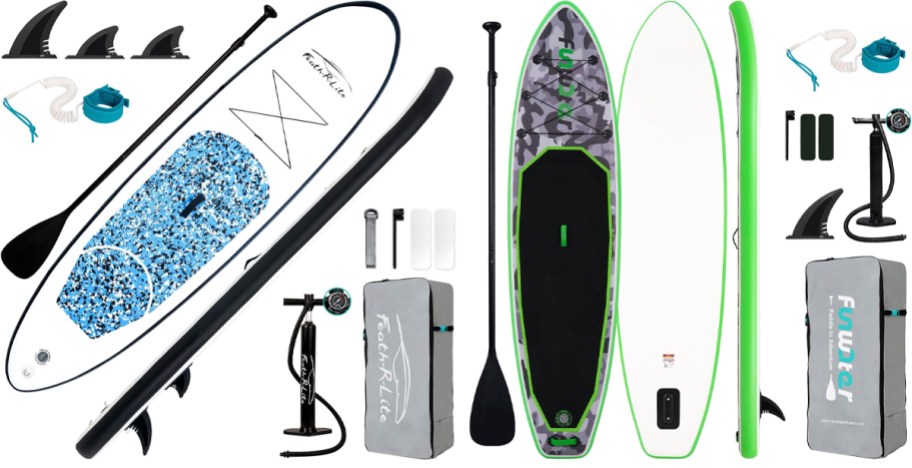 blue and green paddle boards with accessories