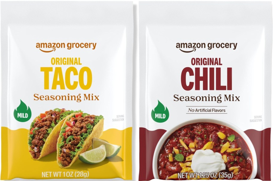 Packaging of Amazon Grocery's Original Taco and Chili Seasoning Mixes. Both are mild, featuring vibrant images of tacos and chili on white backgrounds.