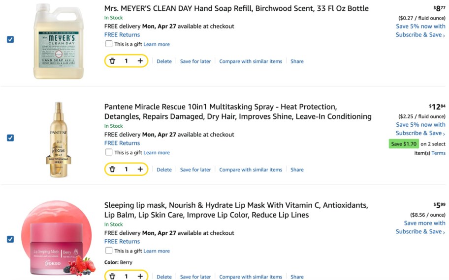 screenshot of lip mask, soap, and spray