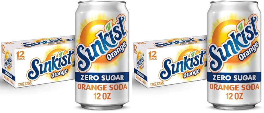 two 12 packs of sunkist with cans in front 