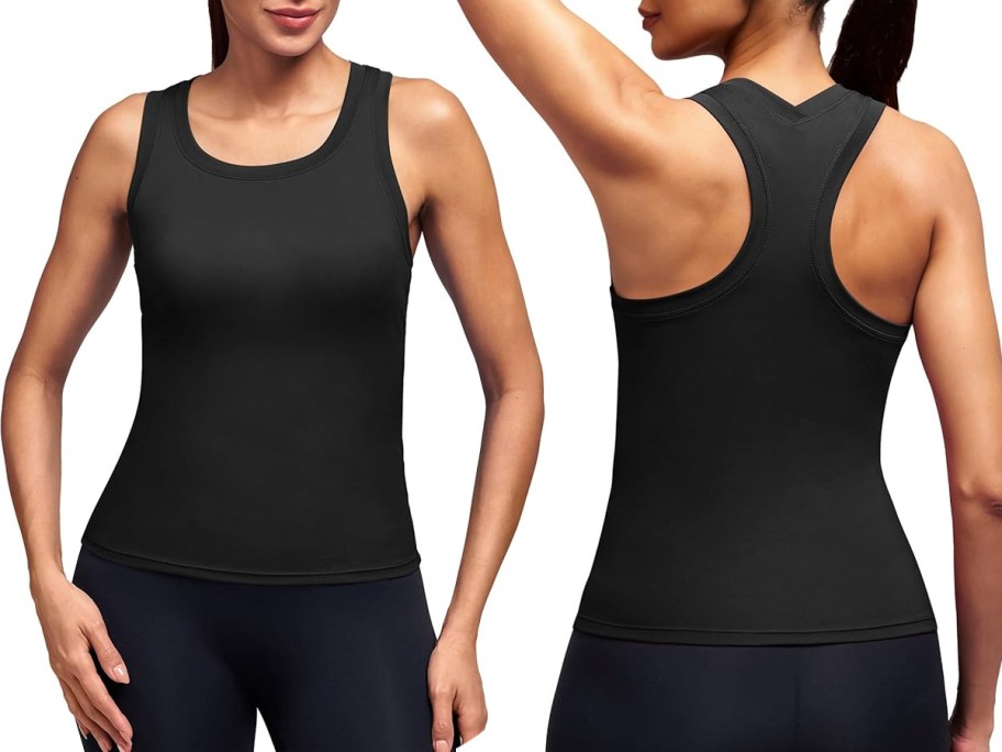 front and back image of women in black tank top 