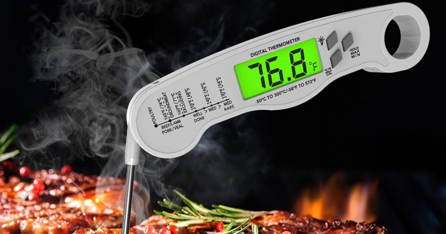 white thermometer in meat