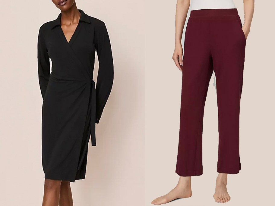 women wearing black dress and red pants 