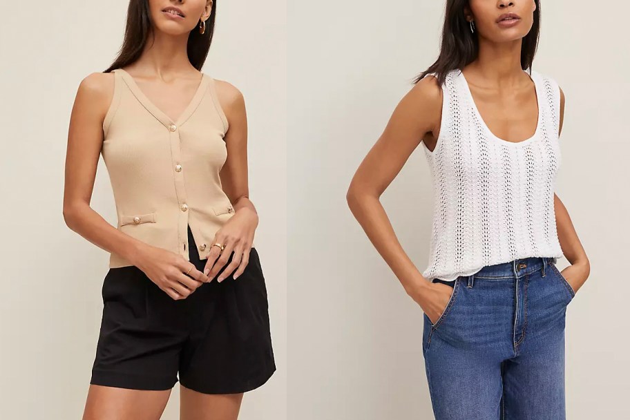 women wearing tan and white tops 