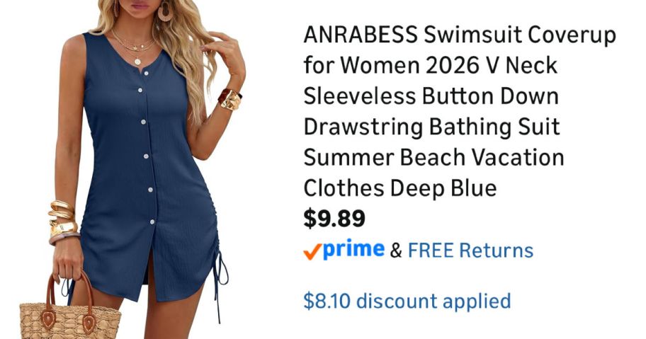 woman wearing blue dress next to Amazon pricing information