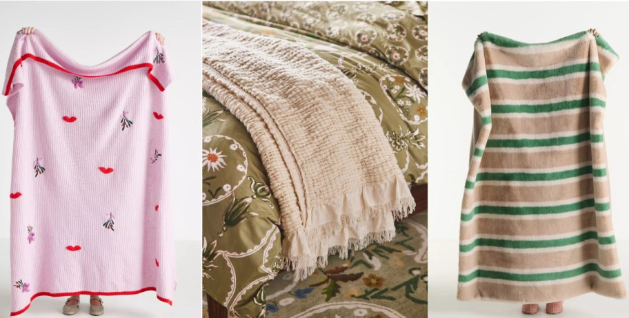Three blankets are displayed. Left: a pink blanket with red lips and floral patterns. Center: a textured, cream blanket draped over an ornate bedspread. Right: a beige blanket with green stripes.