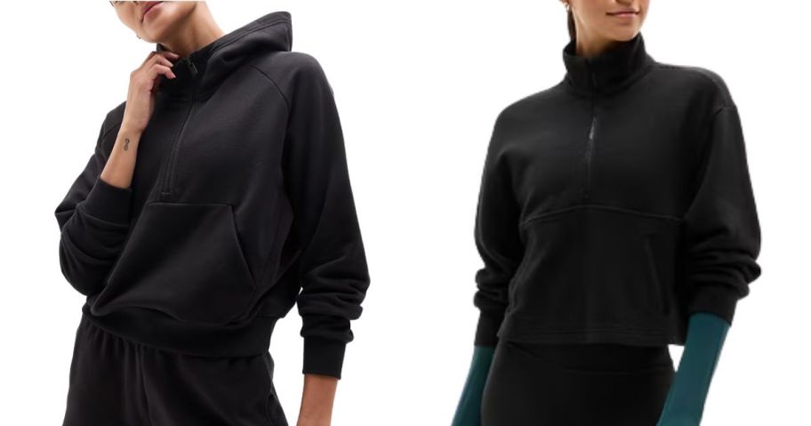 two women wearing a athleta hoodie and sweatshirt