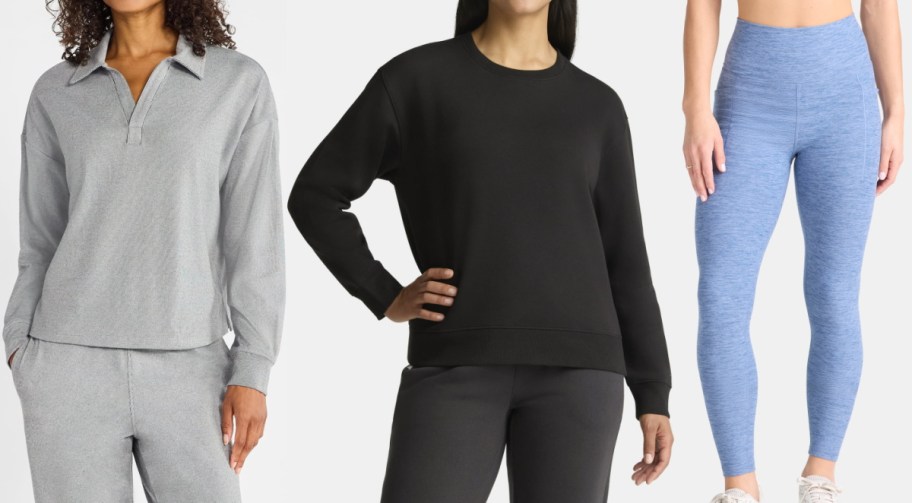 Three women in casual outfits: Left in a gray pullover and pants, center in a black sweatshirt and pants, right in blue leggings.