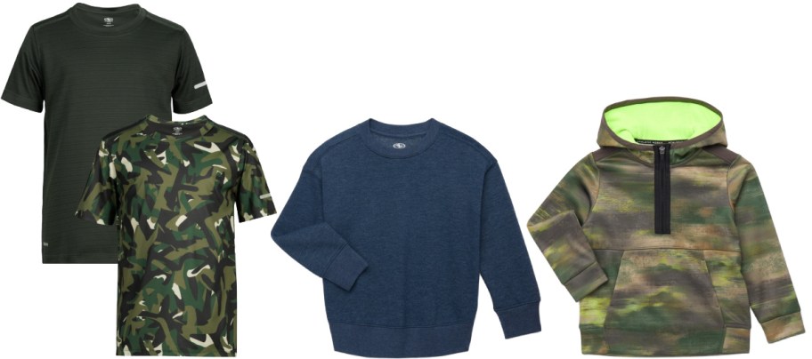 Four shirts are displayed: a dark green tee, a camo print tee, a navy blue sweater, and a camo hoodie with a bright green lining.