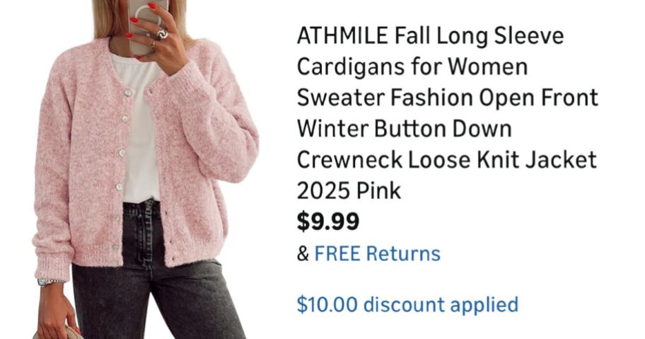 woman in pink cardigan next to Amazon pricing information