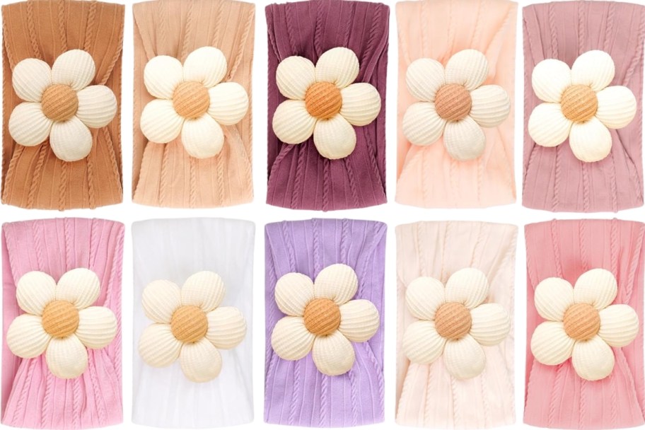 baby headbands with flowers in 10 different colors