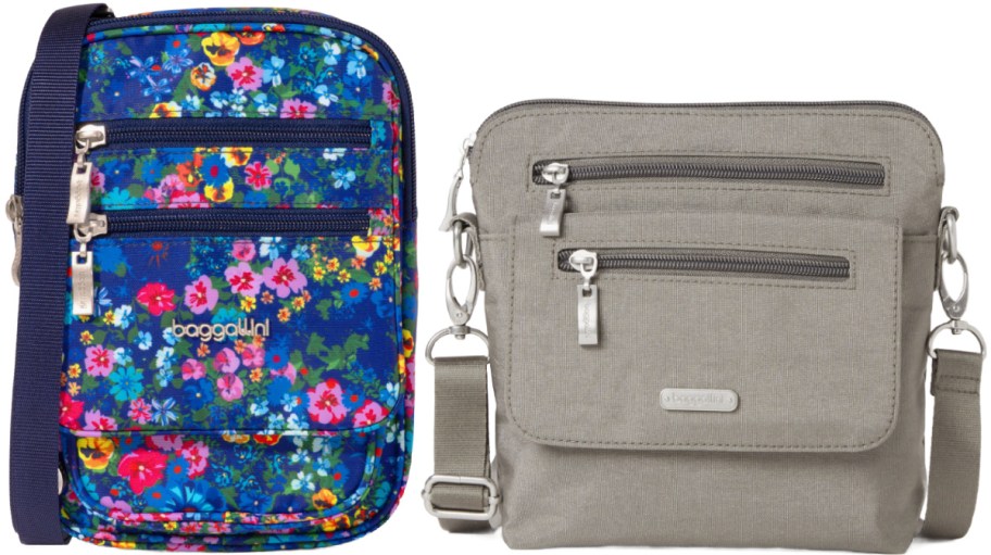 Two crossbody bags are shown. The left bag is vibrant with a blue floral print and navy strap, while the right is a neutral gray with dual zippers and silver hardware.