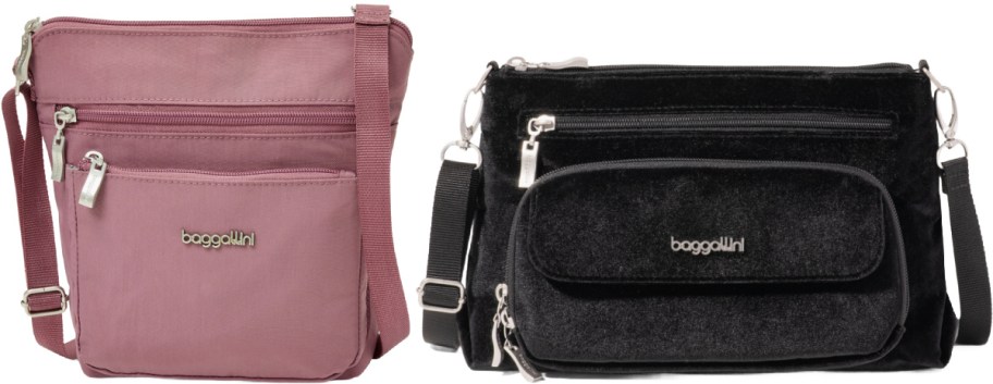 Two Baggallini crossbody bags are shown. The left bag is dusty pink with multiple zippered pockets; the right bag is black, smaller, and sleek.