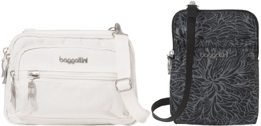 Two crossbody bags are shown. The left bag is white with multiple zippers and an adjustable strap. The right bag is black with gray floral patterns and a black strap.