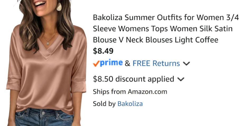 woman wearing satin shirt next to Amazon pricing information